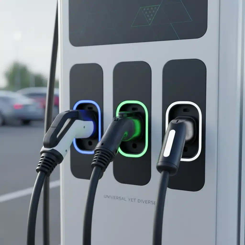 Various EV charging connectors including CCS, CHAdeMO, and NACS