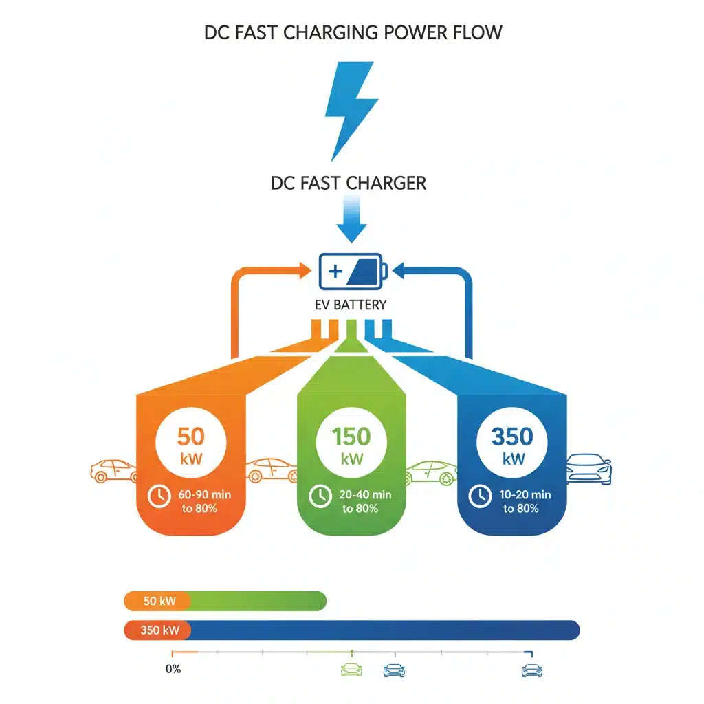 Infographic showing EV fast charging power levels and times