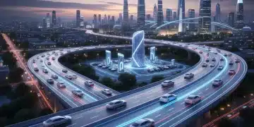 Electric vehicles on a futuristic highway with charging stations, representing EV adoption and infrastructure.