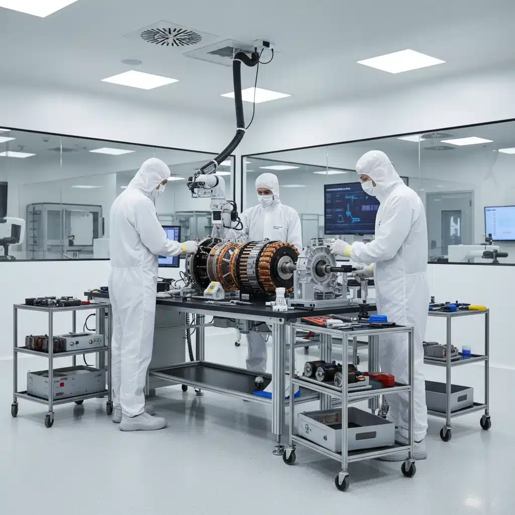 Engineers assembling a prototype of a new electric vehicle motor in a laboratory.