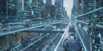 Futuristic city with shared mobility and regulatory overlays