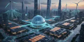 Futuristic cityscape with smart grid infrastructure and renewable energy