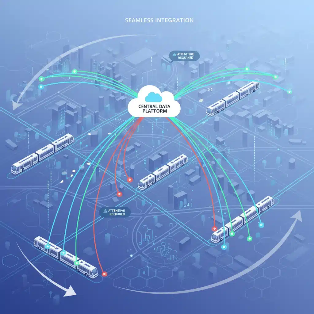Interconnected public transit vehicles sending data to a central analysis platform.