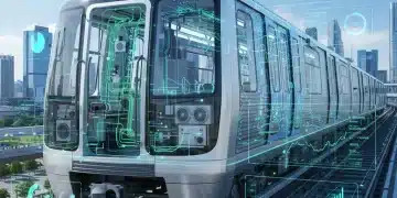Futuristic public transit vehicle with predictive maintenance data overlays.
