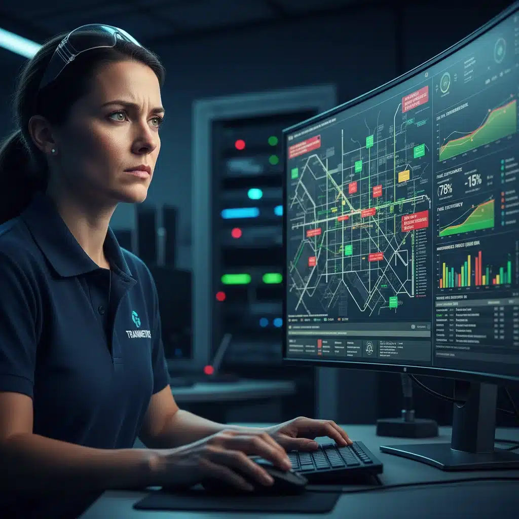 Engineer monitoring real-time transit data on a predictive maintenance dashboard.