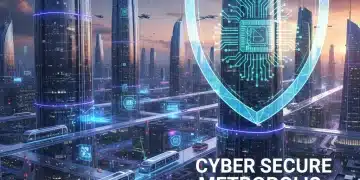 Futuristic smart city protected by a glowing cybersecurity shield, symbolizing robust network defense.