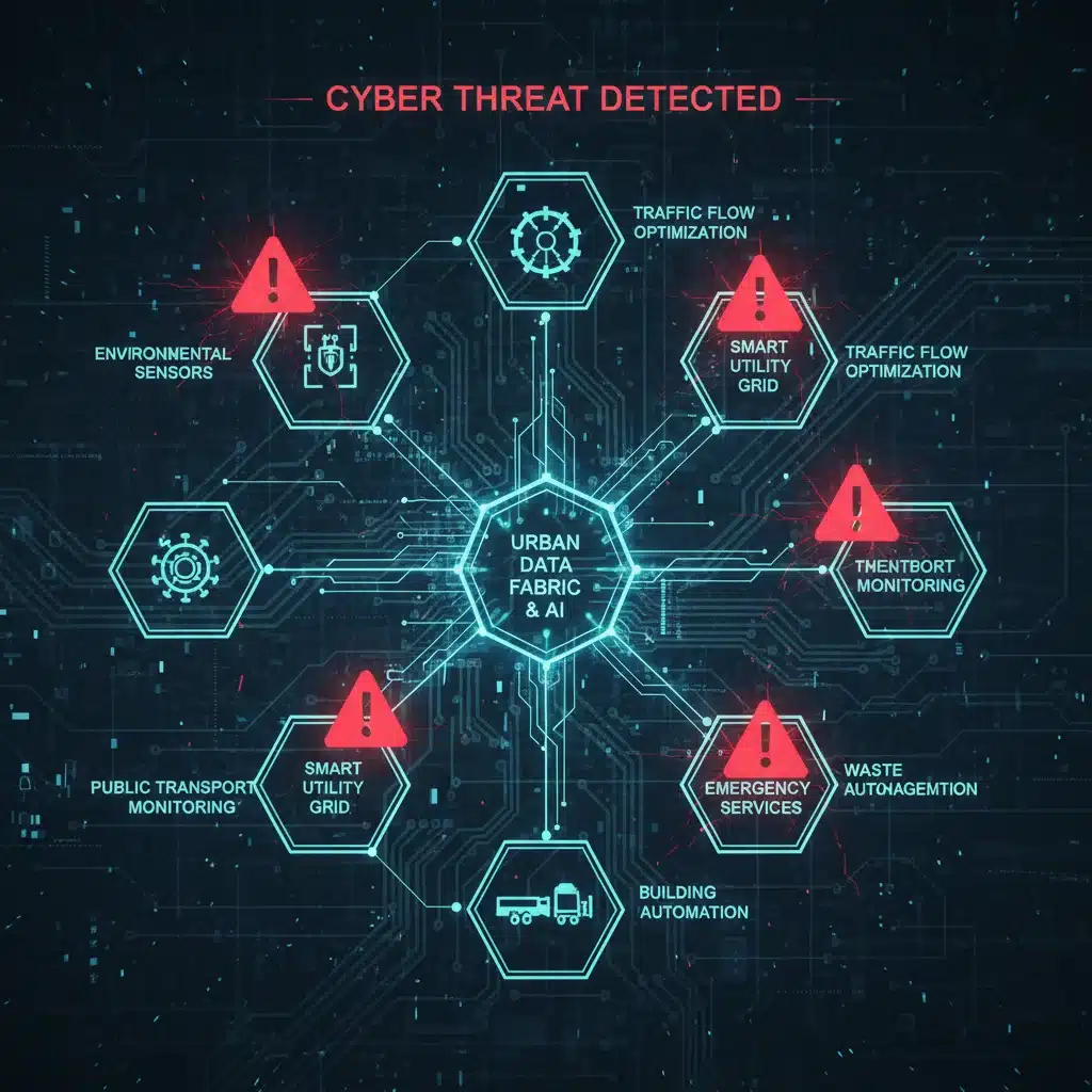 Complex network diagram showing smart city data flow and potential cyber threats.