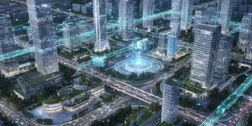 Modern smart city skyline with data overlays, representing efficient urban planning and public services.
