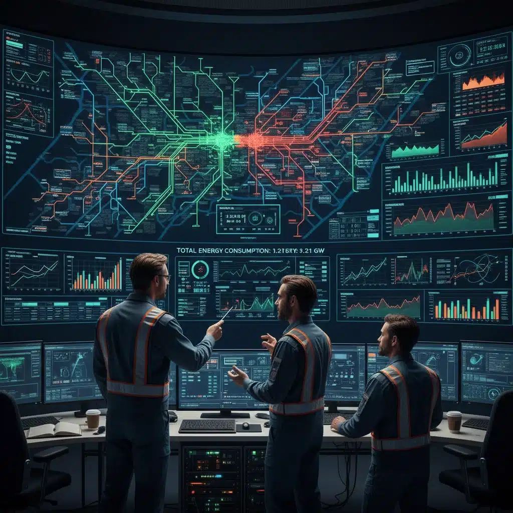Engineers monitoring smart grid energy data in control room