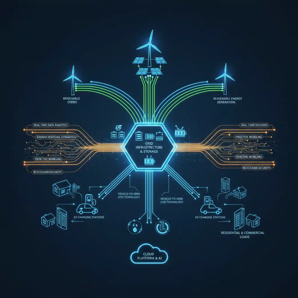 Smart grid diagram showing renewable energy integration for EV charging.
