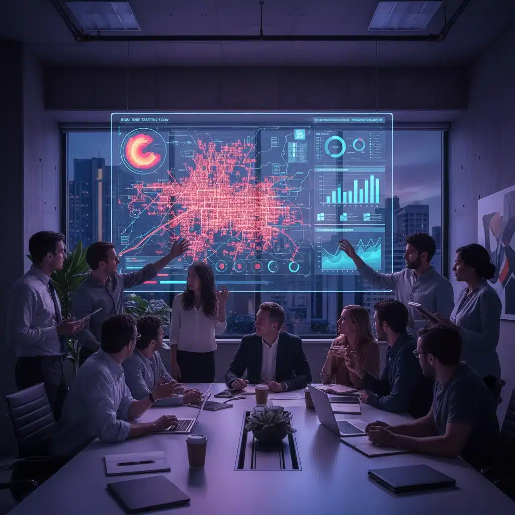 Urban planners analyzing real-time traffic data on a large digital screen.