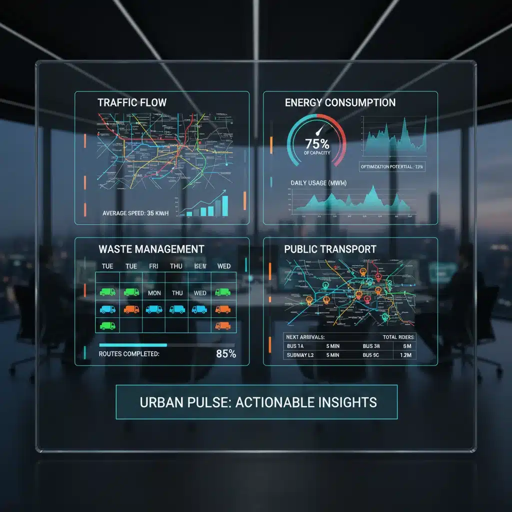 Real-time urban data analytics dashboard showing traffic, energy, and public service metrics.