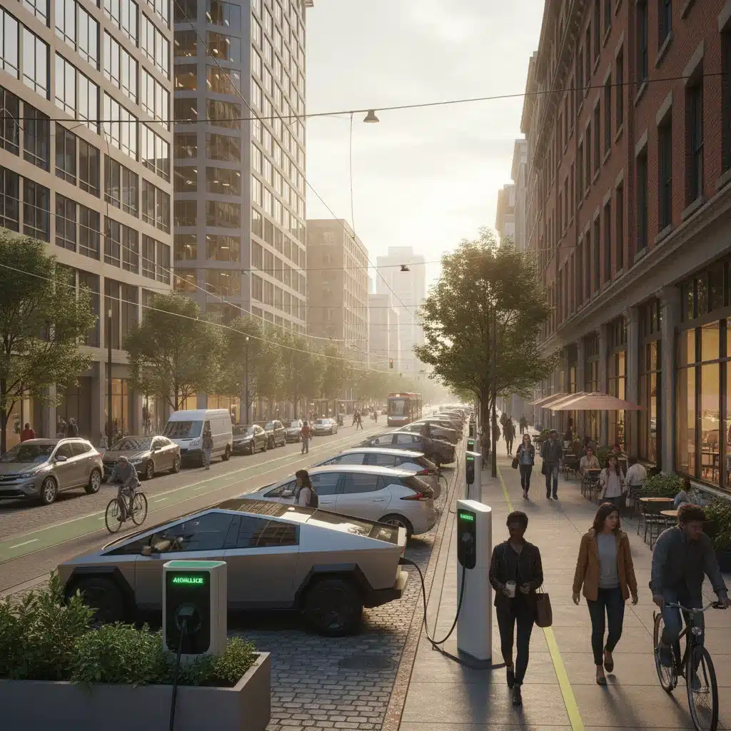 Urban street with seamlessly integrated public EV charging kiosks.