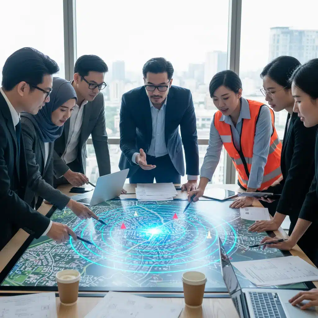 City planners and engineers collaborating on 5G network deployment strategy