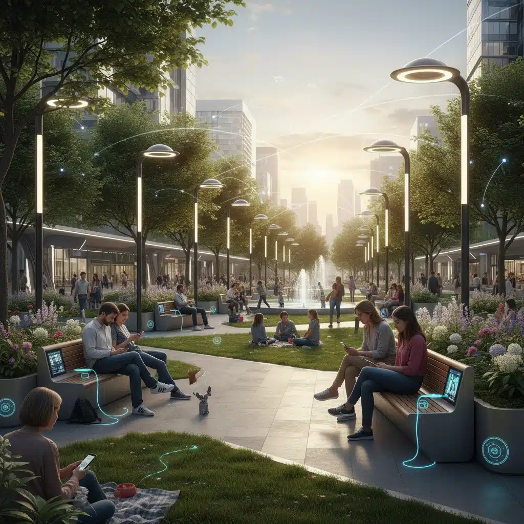 Smart public park with 5G-enabled streetlights, connected benches, and environmental sensors.