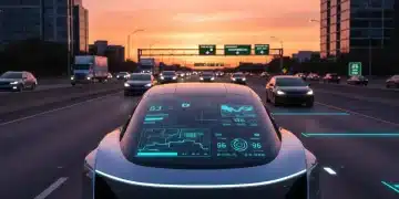 Futuristic autonomous car navigating US highway at sunset, showcasing advanced technology.