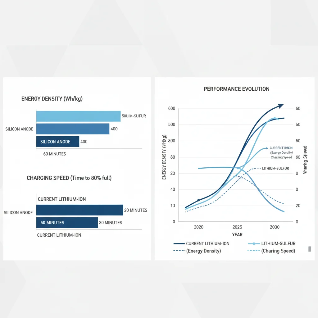 Comparative graphic of EV battery technologies, showing improvements in energy density and charging speed.