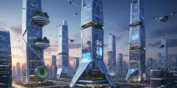 Futuristic smart city skyline with glowing 5G network connections and autonomous vehicles.