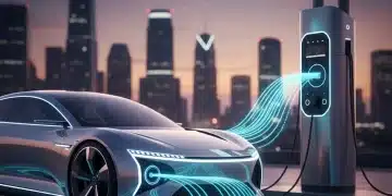 Futuristic electric vehicle charging, showcasing advanced battery technology and rapid energy transfer.
