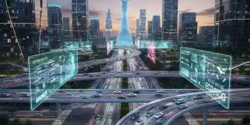 Futuristic smart city intersection with autonomous vehicles and adaptive traffic lights.