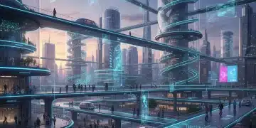 Futuristic urban landscape with integrated smart mobility solutions