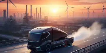 Hydrogen fuel cell heavy-duty truck on highway at sunrise