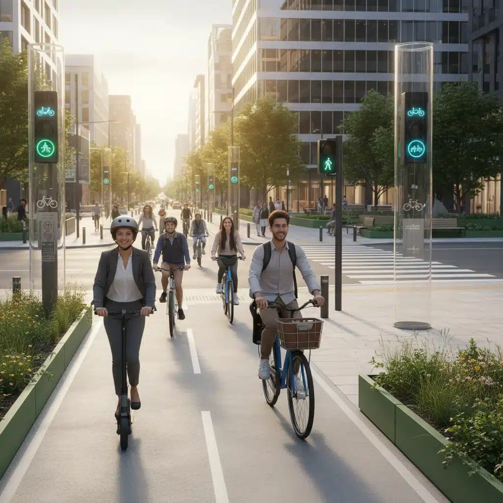 People using various micro-mobility options in a modern city