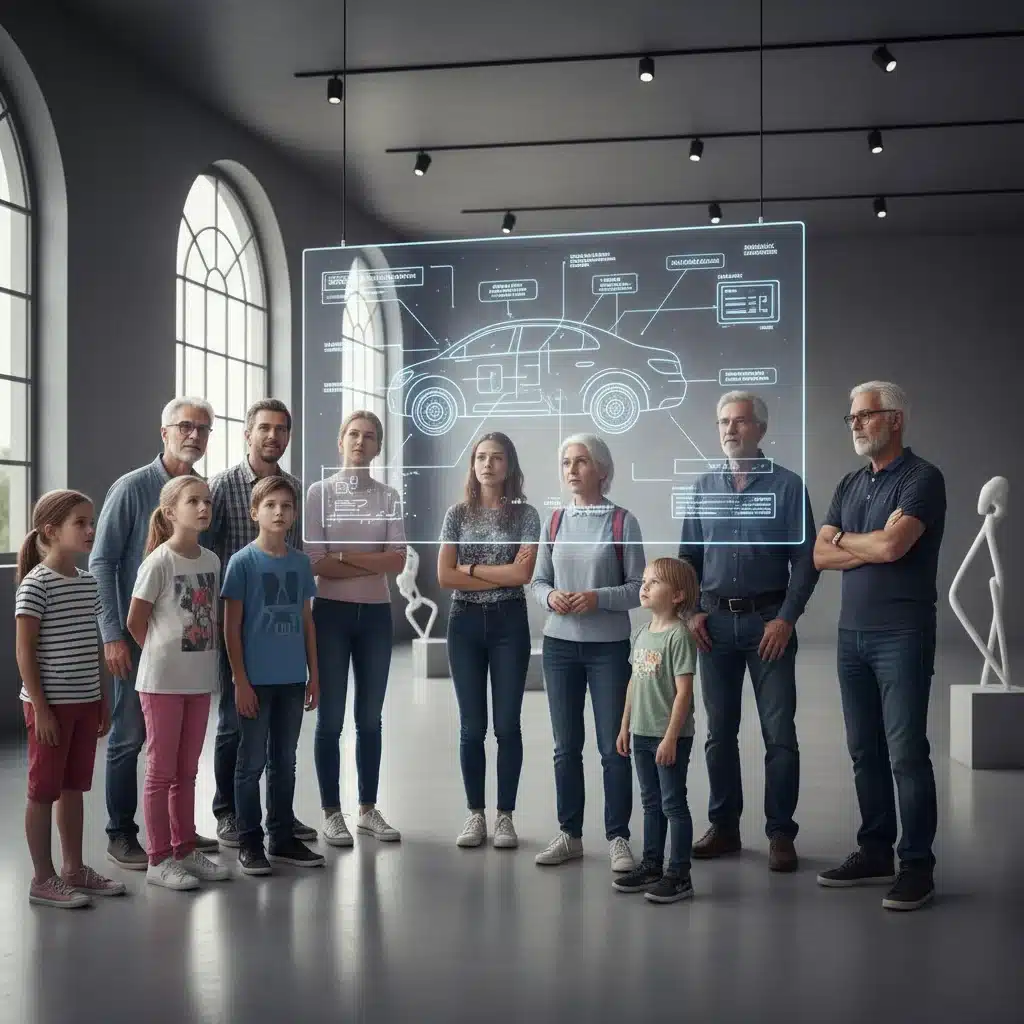 Diverse group of people observing autonomous vehicle safety features, symbolizing public trust.