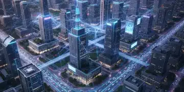 Modern smart city skyline with 5G infrastructure and digital overlays