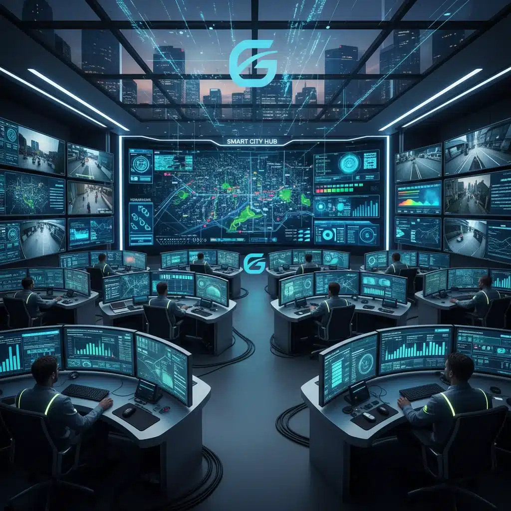 Smart city control room monitoring real-time data from 5G-enabled sensors and cameras.