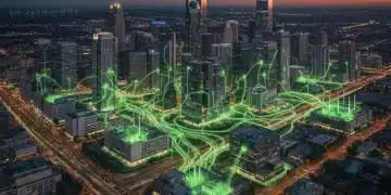 Smart grid network illuminating a modern U.S. city skyline at dusk, symbolizing urban energy efficiency