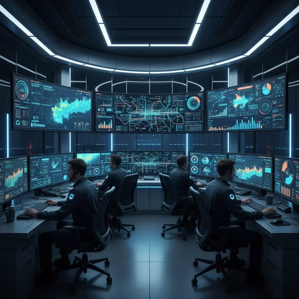 Control room operators monitoring complex smart grid data visualizations on multiple screens