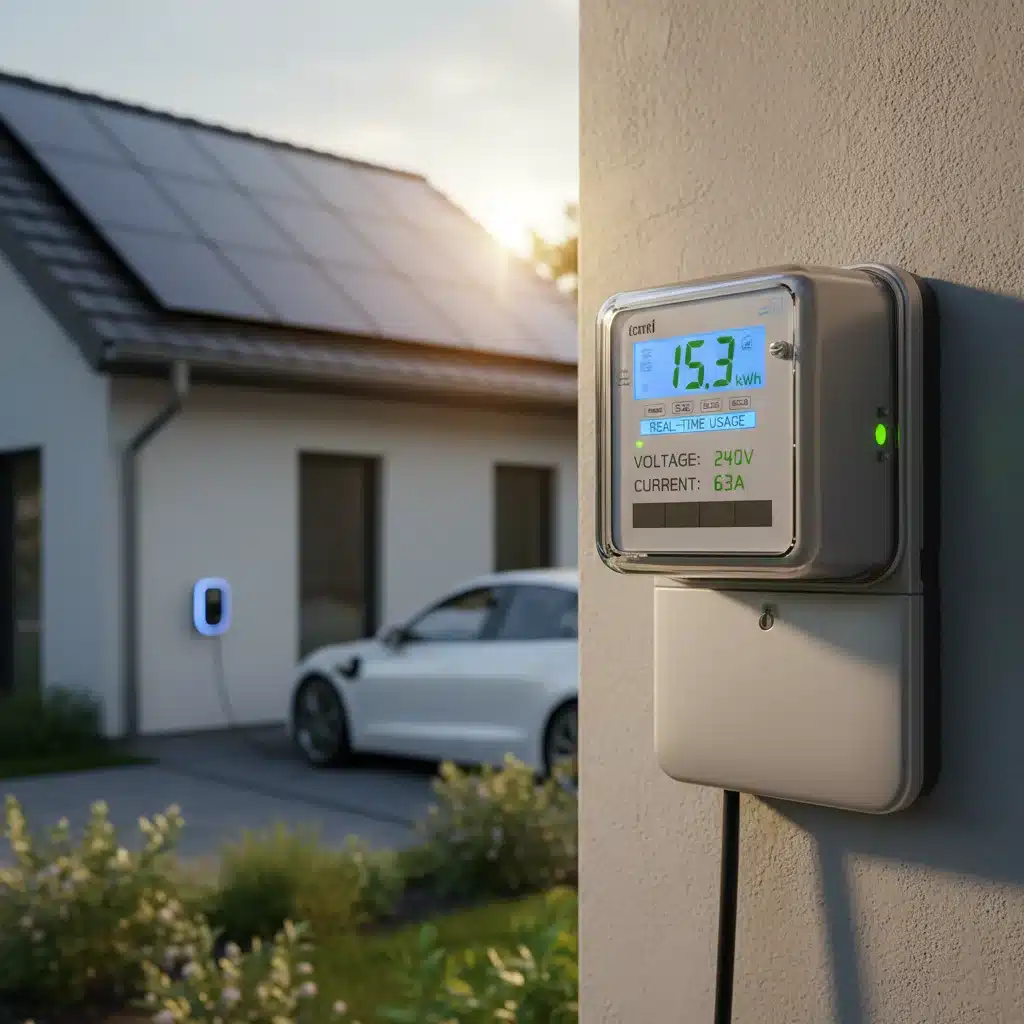Smart meter displaying real-time energy data on a residential building with solar panels