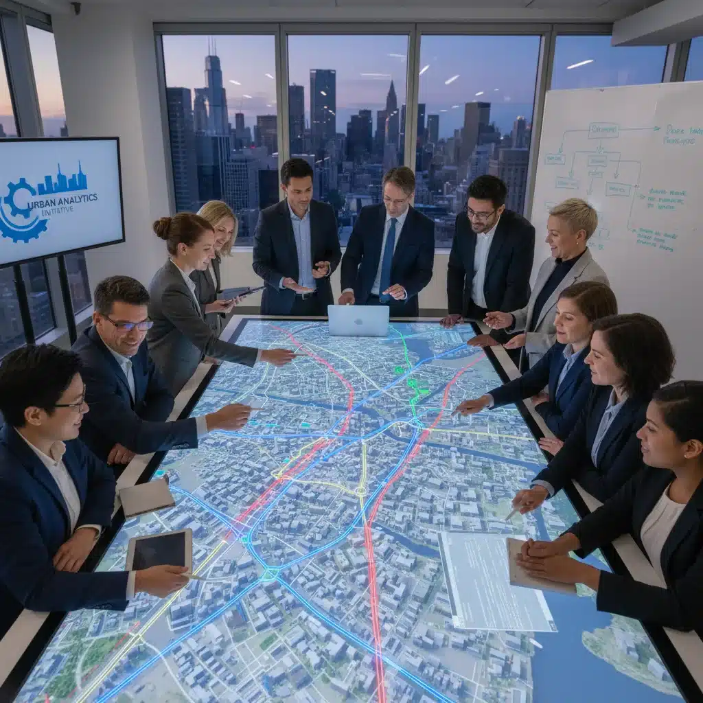 Urban planners and data scientists collaborating on a smart city map.